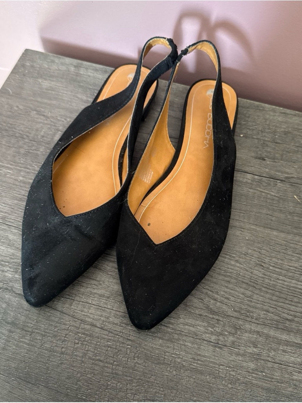 Black Suede Pointed Slingback Flats 7 1/2